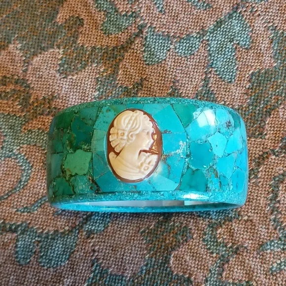 Unique Turquoise & Cameo Mosaic Bangle Bracelet - Picture 3 of 9